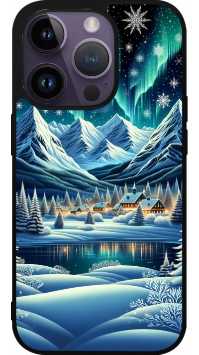 Coque iPhone 15 Pro - Silicone rigide noir Snowy Mountain Village Lake night