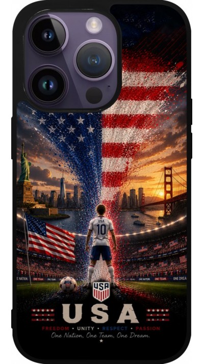 Coque iPhone 15 Pro - Silicone rigide noir Football États-Unis splash 2026