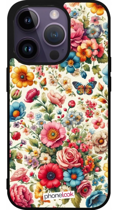 Coque iPhone 15 Pro - Silicone rigide noir Spring 25 printemps fleuri