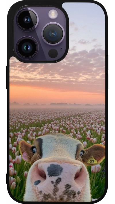 Coque iPhone 15 Pro - Silicone rigide noir Cow with tulips Spring 2026