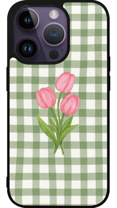 Coque iPhone 15 Pro - Silicone rigide noir Green vichy tulips Spring 2026