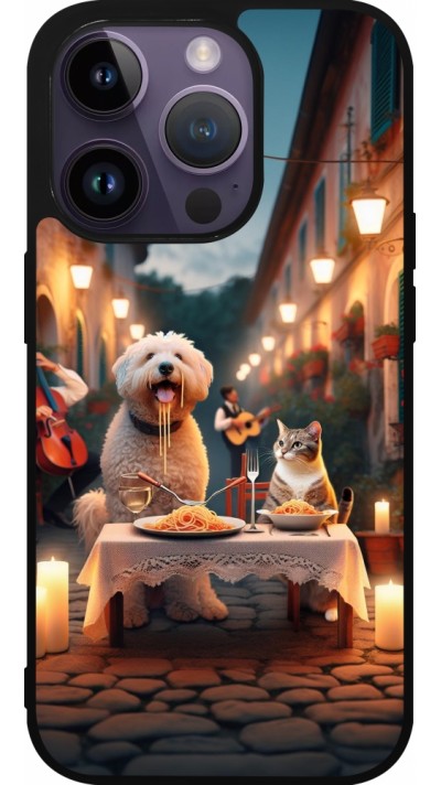 iPhone 15 Pro Case Hülle - Silikon schwarz Valentin 2024 Hund & Katze Kerzenlicht