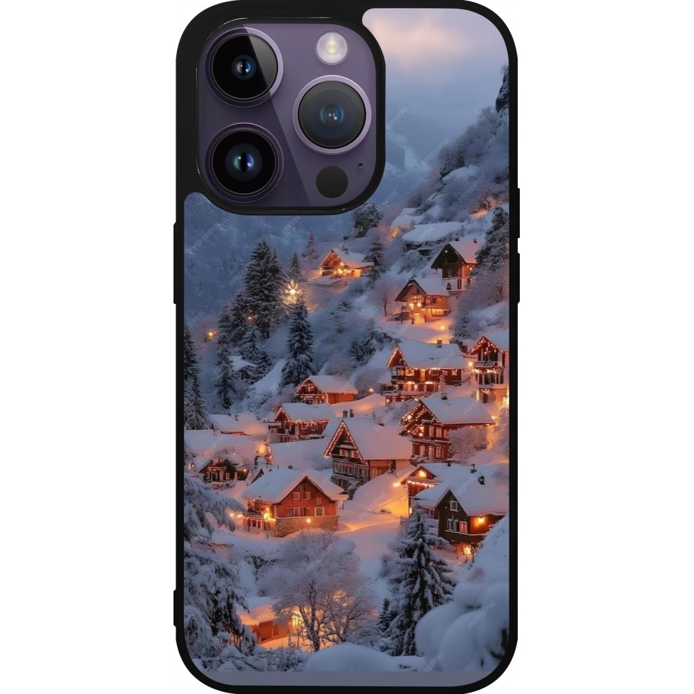 Coque iPhone 15 Pro - Silicone rigide noir Winter 25 Winter snowy village
