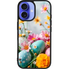 Coque iPhone 16 - Silicone rigide noir Easter 2026 Eggs with flowers