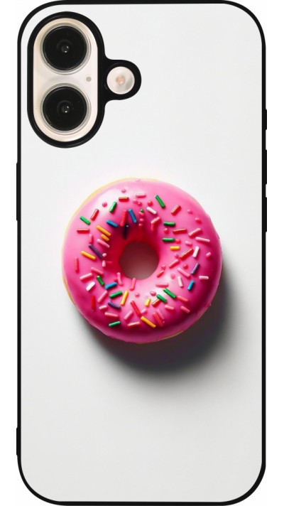 Coque iPhone 16 - Silicone rigide noir Weißer Hintergrund, pinker Donut