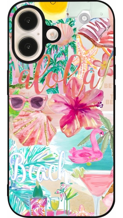 Coque iPhone 16 - Silicone rigide noir Preppy Collage Aloha