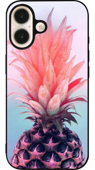 Coque iPhone 16 - Silicone rigide noir Purple Pink Pineapple