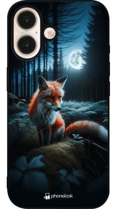 Coque iPhone 16 - Silicone rigide noir Renard lune forêt