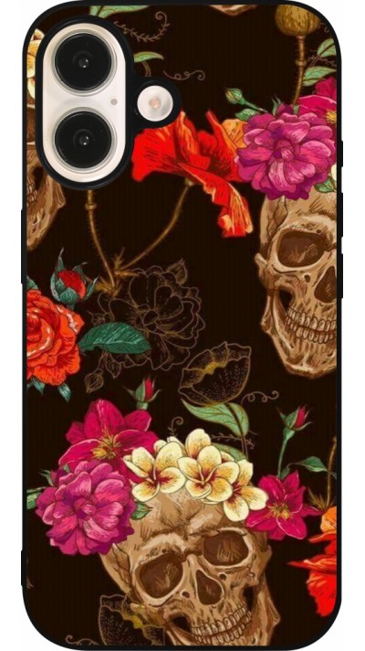 Coque iPhone 16 - Silicone rigide noir Skulls and flowers