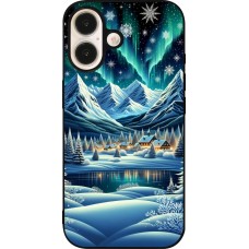 iPhone 16 Case Hülle - Silikon schwarz Verschneites Bergdorf am See in der Nacht