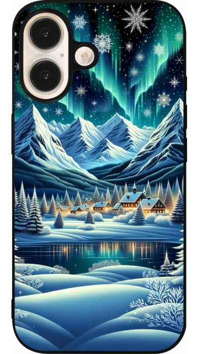 iPhone 16 Case Hülle - Silikon schwarz Verschneites Bergdorf am See in der Nacht