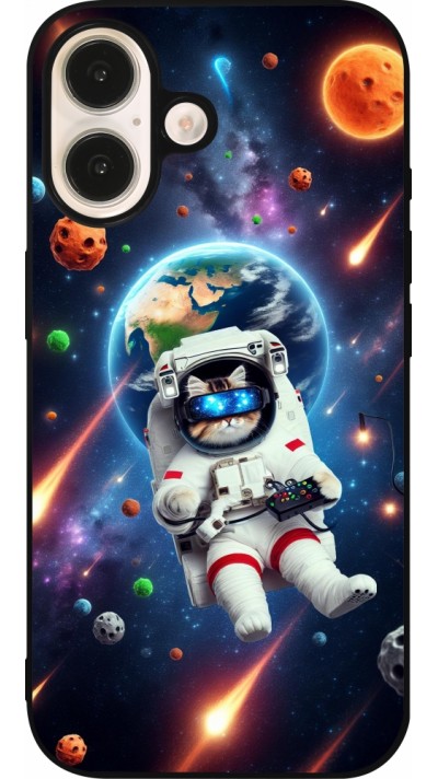 Coque iPhone 16 - Silicone rigide noir VR SpaceCat Odyssey