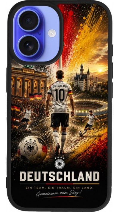 Coque iPhone 16 - Silicone rigide noir Football Allemagne splash 2026