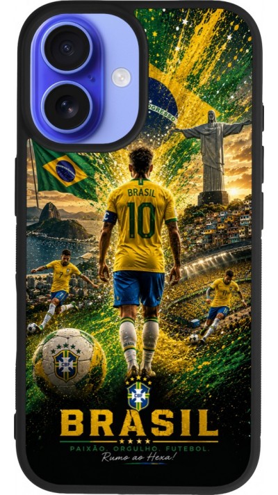 Coque iPhone 16 - Silicone rigide noir Football Bre?sil splash 2026