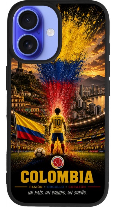 Coque iPhone 16 - Silicone rigide noir Football Colombie splash 2026
