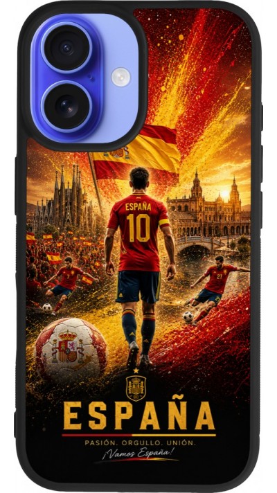 Coque iPhone 16 - Silicone rigide noir Football Espagne splash 2026