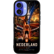 Coque iPhone 16 - Silicone rigide noir Football Pays-Bas splash 2026