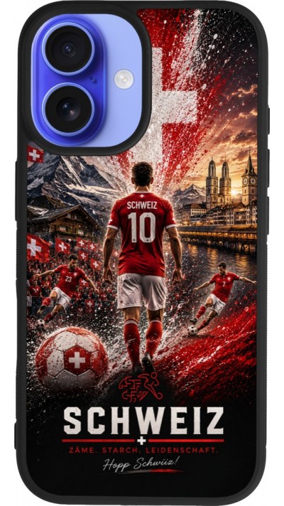 Coque iPhone 16 - Silicone rigide noir Football Schweiz splash 2026
