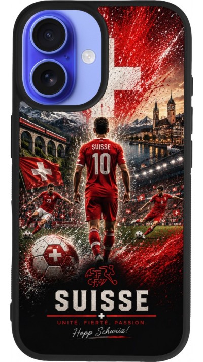Coque iPhone 16 - Silicone rigide noir Football Suisse splash 2026