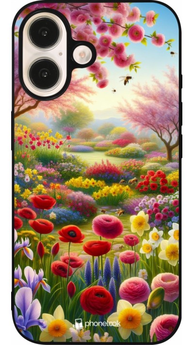 Coque iPhone 16 - Silicone rigide noir Spring 25 Bouquet printemps