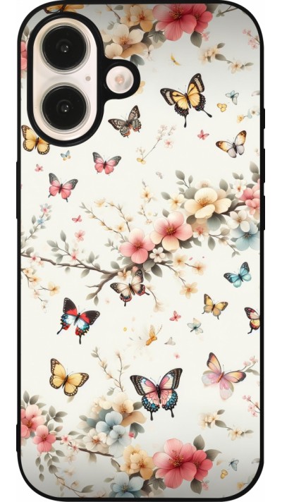 Coque iPhone 16 - Silicone rigide noir Spring 25 Papillons Légers