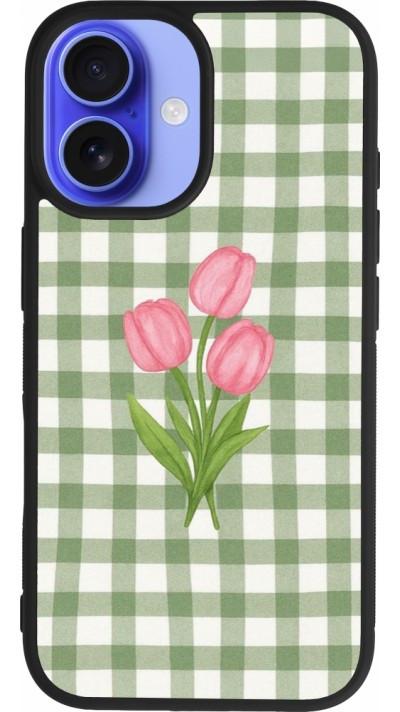 Coque iPhone 16 - Silicone rigide noir Green vichy tulips 2026