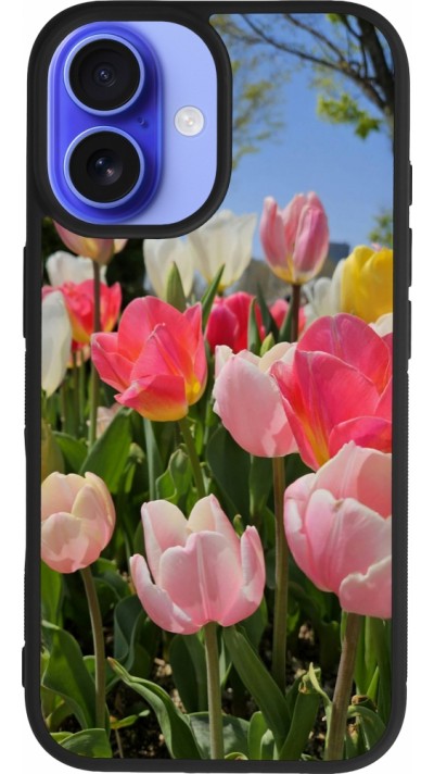 Coque iPhone 16 - Silicone rigide noir Tulips 2026