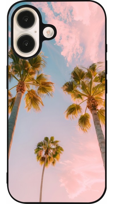 Coque iPhone 16 - Silicone rigide noir Summer 2025 Palmiers