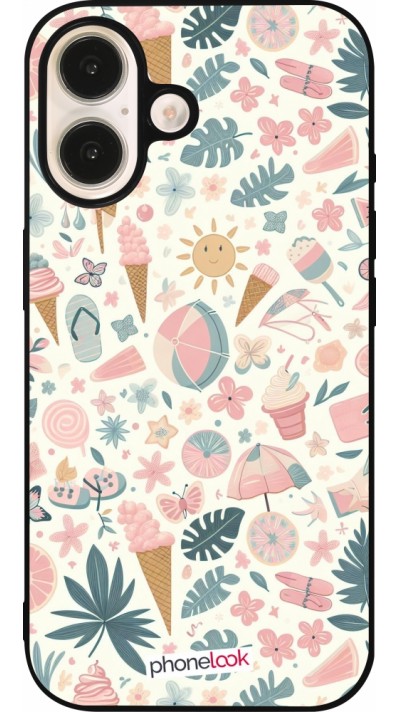 Coque iPhone 16 - Silicone rigide noir Summer Pink Pattern