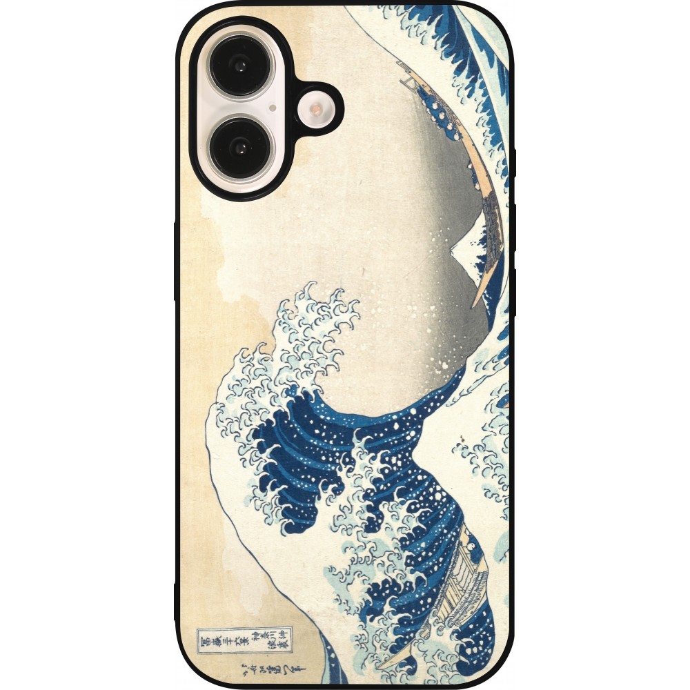 Coque iPhone 16 - Silicone rigide noir Tableau art - La Grande Vague de Kanagawa - Hokusai