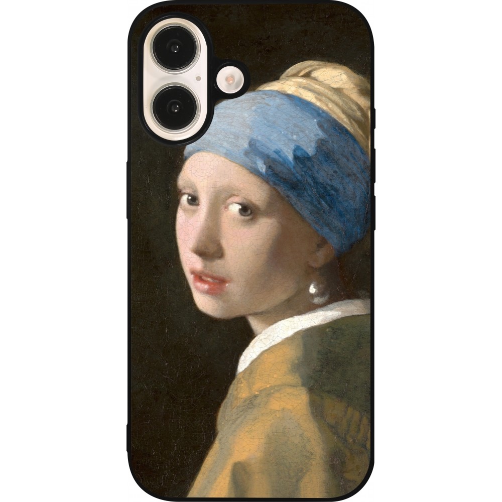 Coque iPhone 16 - Silicone rigide noir Tableau art - La Jeune fille à la perle - Johannes Vermeer