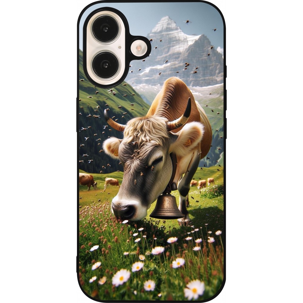 Coque iPhone 16 - Silicone rigide noir Vache montagne Valais