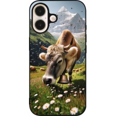 Coque iPhone 16 - Silicone rigide noir Vache montagne Valais