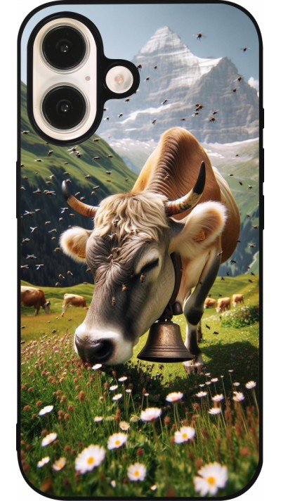Coque iPhone 16 - Silicone rigide noir Vache montagne Valais