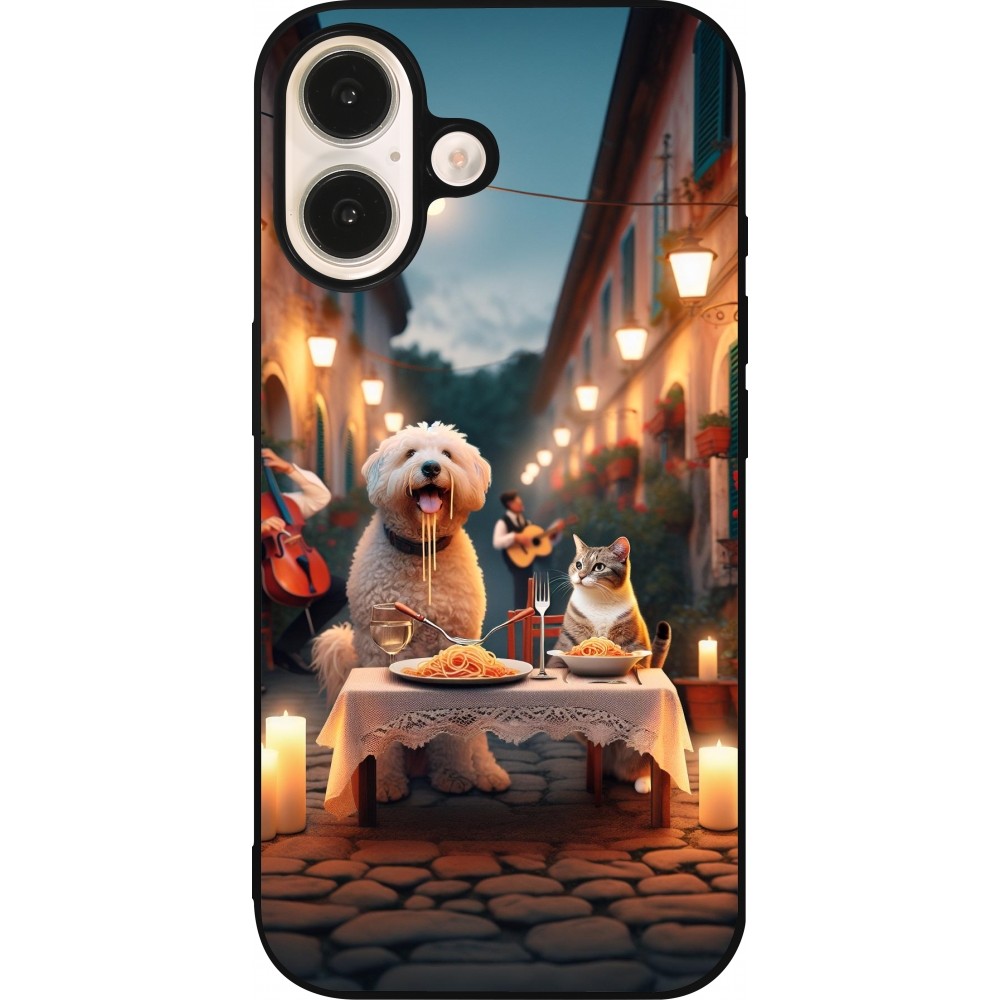 iPhone 16 Case Hülle - Silikon schwarz Valentin 2024 Hund & Katze Kerzenlicht