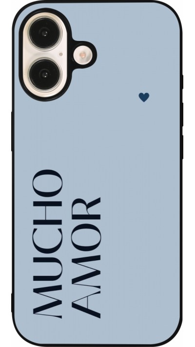 Coque iPhone 16 - Silicone rigide noir Valentine 2024 mucho amor azul