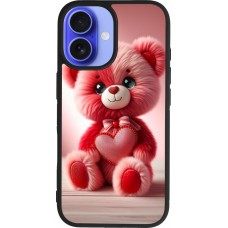 Coque iPhone 16 - Silicone rigide noir Valentine 2024 Ourson rose