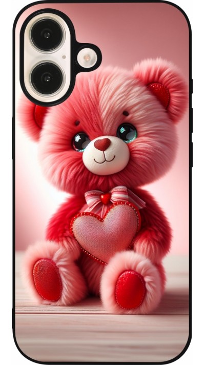 Coque iPhone 16 - Silicone rigide noir Valentine 2024 Ourson rose
