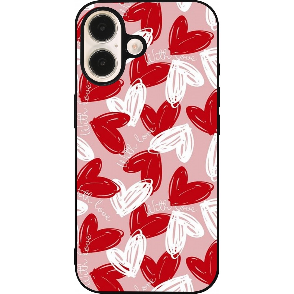 Coque iPhone 16 - Silicone rigide noir Valentine 2024 with love heart