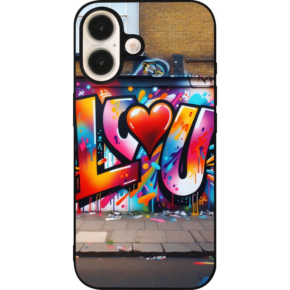 Coque iPhone 16 - Silicone rigide noir Valentine 2025 Love U Tag