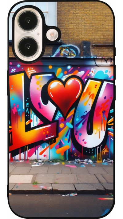 Coque iPhone 16 - Silicone rigide noir Valentine 2025 Love U Tag