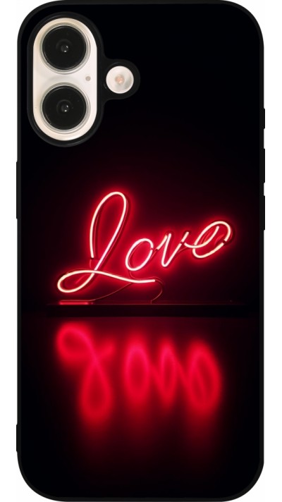 Coque iPhone 16 - Silicone rigide noir Valentine 2025 Neon Love