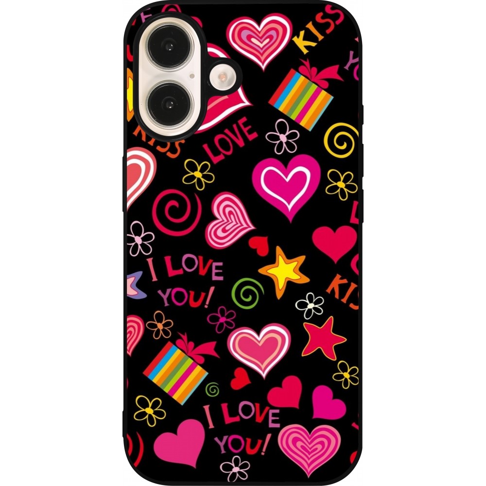 Coque iPhone 16 - Silicone rigide noir Valentine 2023 love symbols