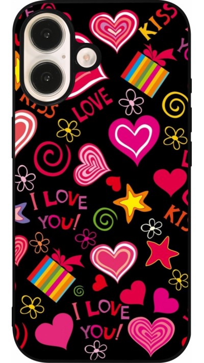 Coque iPhone 16 - Silicone rigide noir Valentine 2023 love symbols