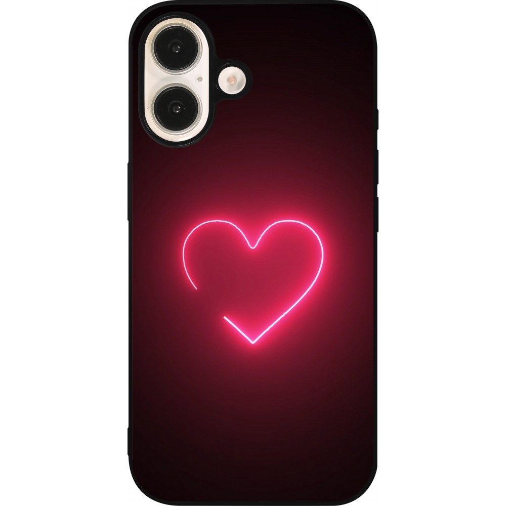 Coque iPhone 16 - Silicone rigide noir Valentine 2023 single neon heart