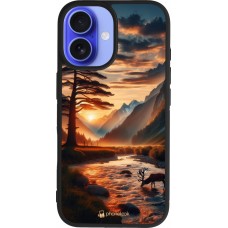 iPhone 16 Case Hülle - Silikon schwarz Tal Sonnenuntergang Hirsch Baum