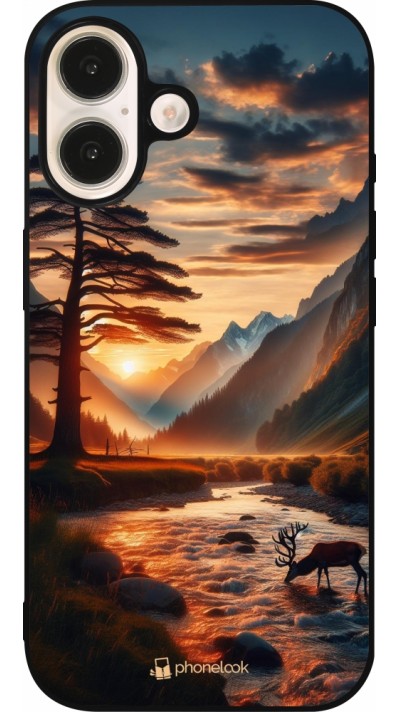 Coque iPhone 16 - Silicone rigide noir Valley Sunset Deer Tree