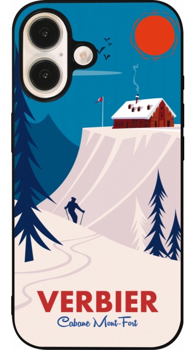 Coque iPhone 16 - Silicone rigide noir Verbier Cabane Mont-Fort