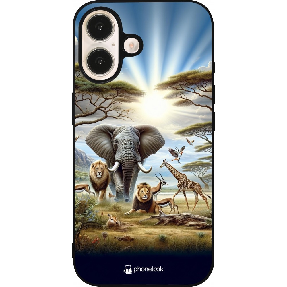 Coque iPhone 16 - Silicone rigide noir Vie sauvage africaine