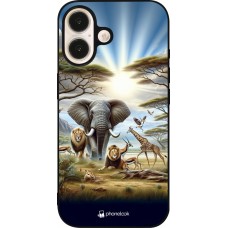 Coque iPhone 16 - Silicone rigide noir Vie sauvage africaine